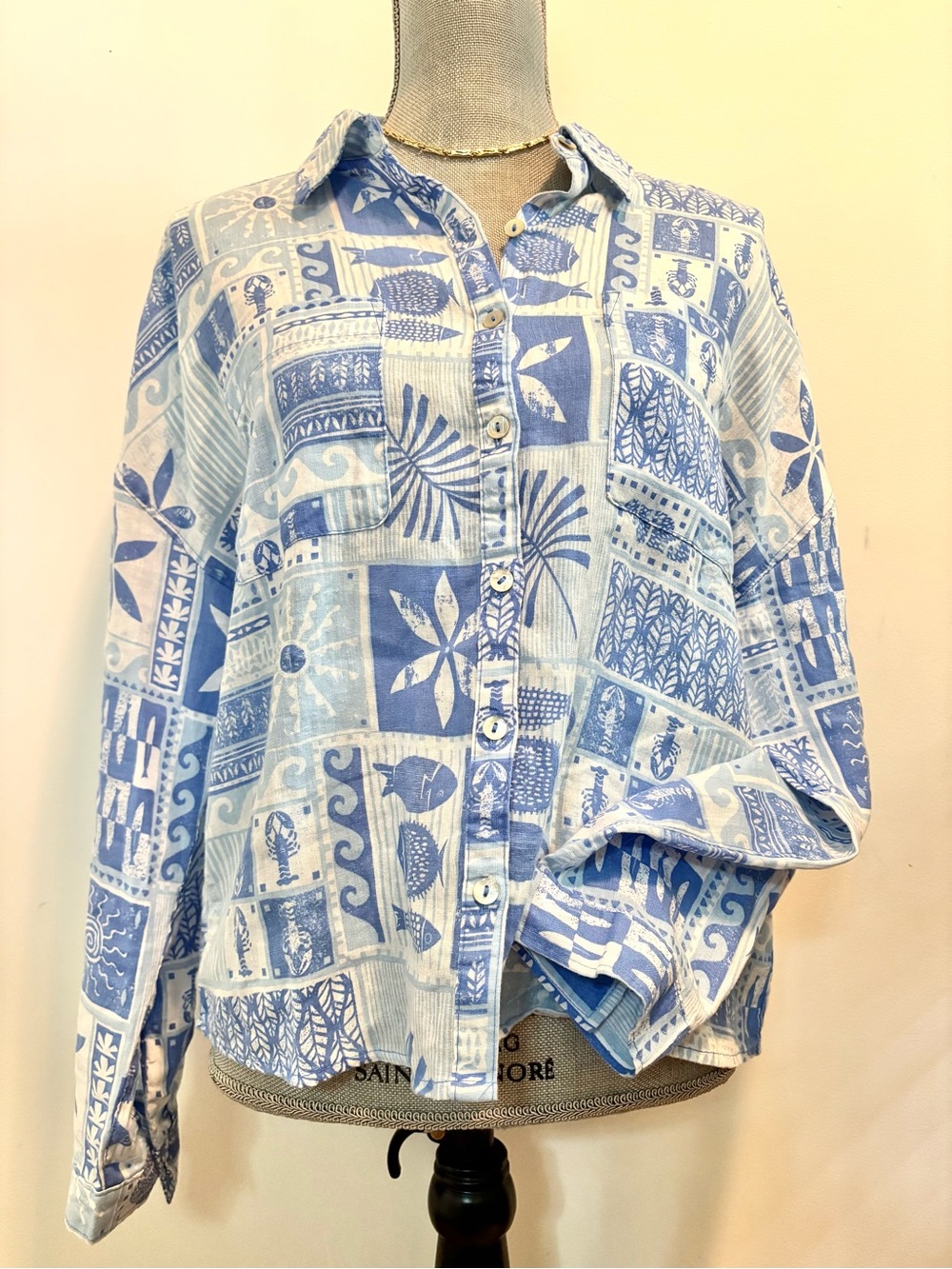 C&C California 100% Linen Blue & White Coastal Print Button-Up Shirt Size Medium